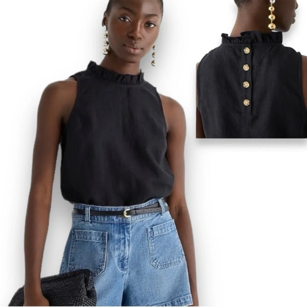 NWT! J. Crew 100% Linen Sleeveless Black Top